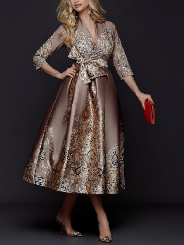 V-Neck Mid-Sleeve Print Midi Dress