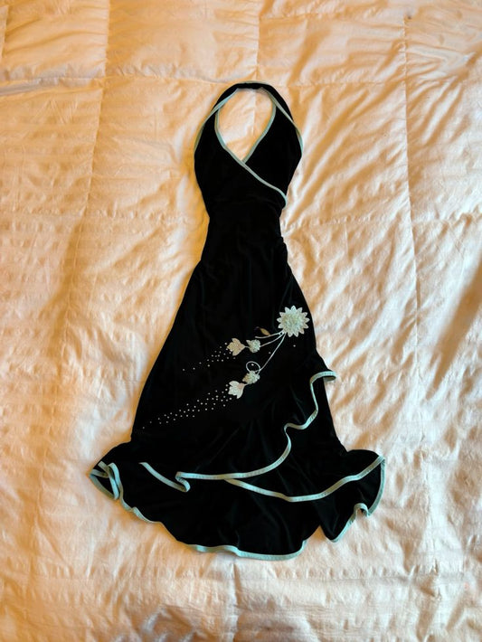 Black elegant fashion blue floral lace suspender long chiffon cute ruffles evening dress party dress gh3556