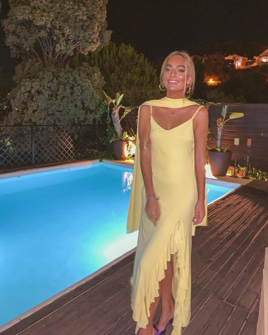 Yellow elegant fashion spaghetti strap long chiffon ruffled ball gown evening dress party dress gh3382