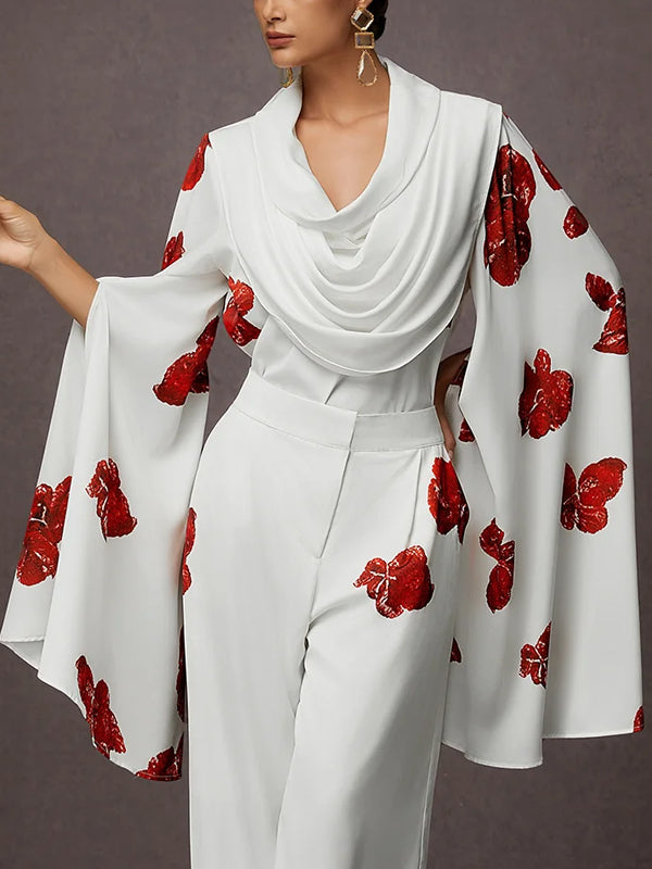 Split Sleeve Floral Loose Elegant Blouse Women's Suit