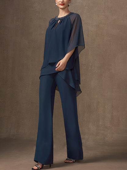 Chiffon Mother Sequin Top Trousers Suit