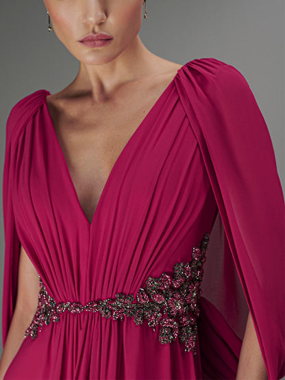 V-neck Chiffon Solid Color Maxi Dress