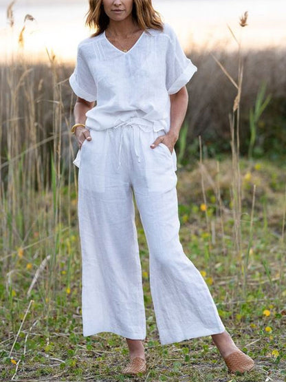 Cotton Linen Short Sleeve Women's Suit