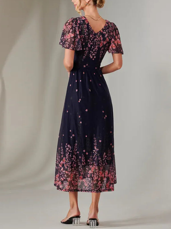 V-neck Floral Chiffon Dress