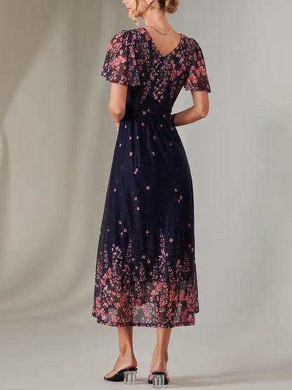 V-neck Floral Chiffon Dress