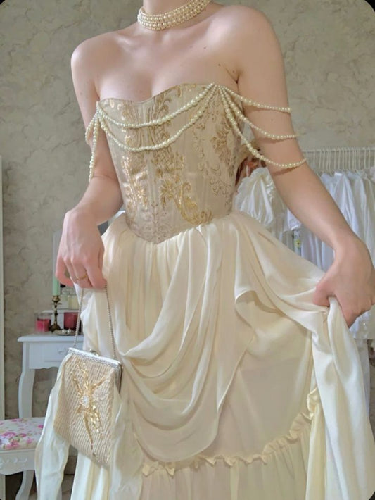 Stunning A Line Strapless Pearl Ivory Chiffon Satin Prom Dress Party Dress Evening Dress SH3607