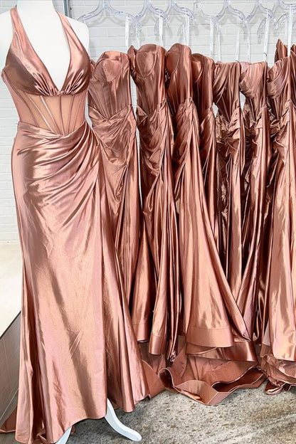 Fashion Halter Neck Satin Long Prom Dresses