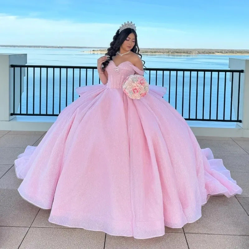 Pretty Ball Gown Off The Shoulder Pink Tulle Long Quinceanera Dress Formal Gowns Vestido De 15 Anos Sweet 16 Dress DH1841