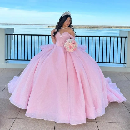 Pretty Ball Gown Off The Shoulder Pink Tulle Long Quinceanera Dress Formal Gowns Vestido De 15 Anos Sweet 16 Dress DH1841