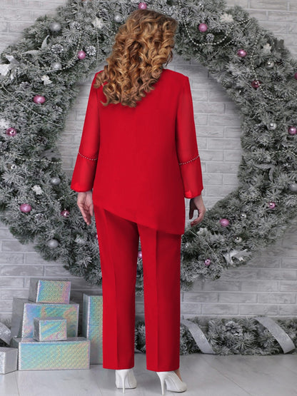 V-Neck Solid Color Hem Irregular Top And Trousers Suit