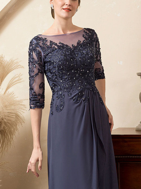 Grey Blue Sparkly Beaded Chiffon Mother of the Bride Dress