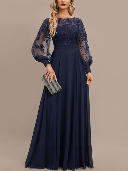 A-line Scoop Illusion Floor-Length Lace Chiffon Evening Dress