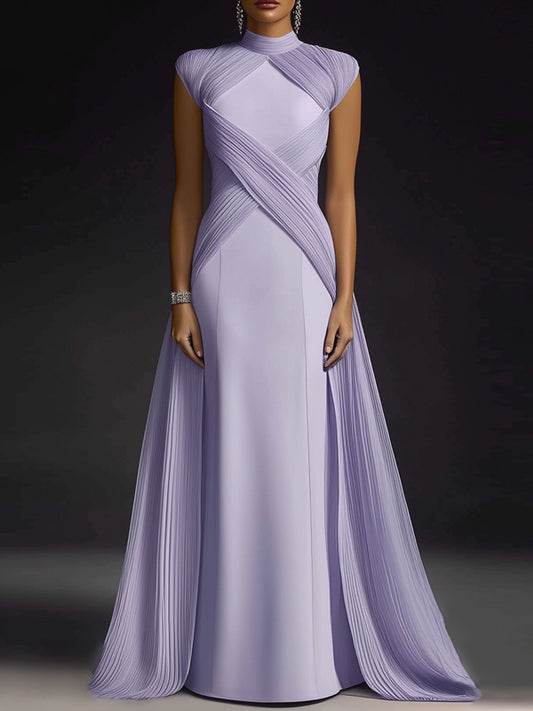 Formal Evening Dress Purple Stand Collar Pleated Train Gown