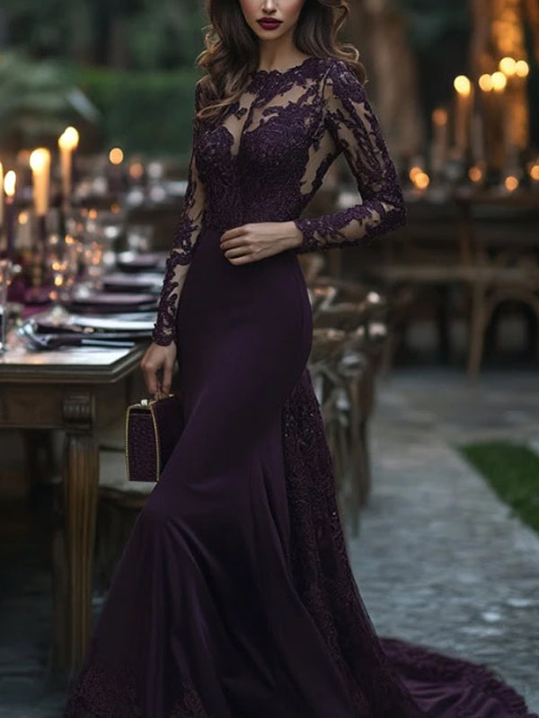 Purple Round Neck Lace Long Sleeves Maxi Dress