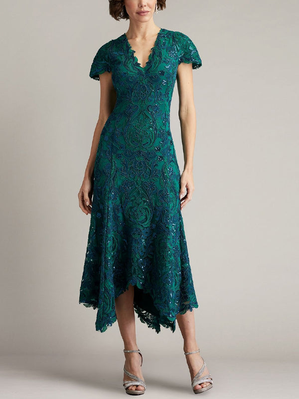 V-Neck Lace Short Sleeve Solid Color Midi Dress