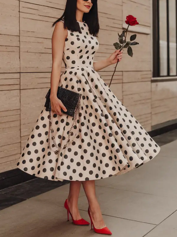 White Polka Dot Print Sleeveless Midi Dress
