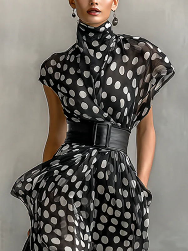 High Collar Polka Dot Print Temperament Women's Dress