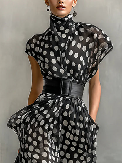 High Collar Polka Dot Print Temperament Women's Dress