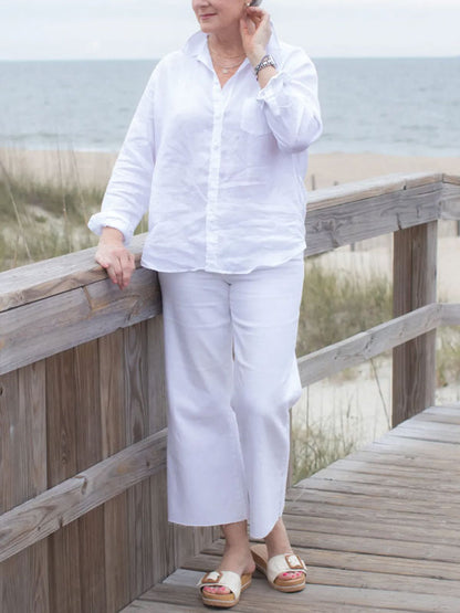 Solid Color Cotton and Linen Women's Shirt