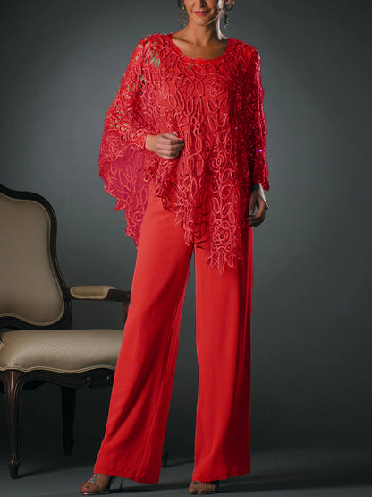 Lace crew neck top trousers set