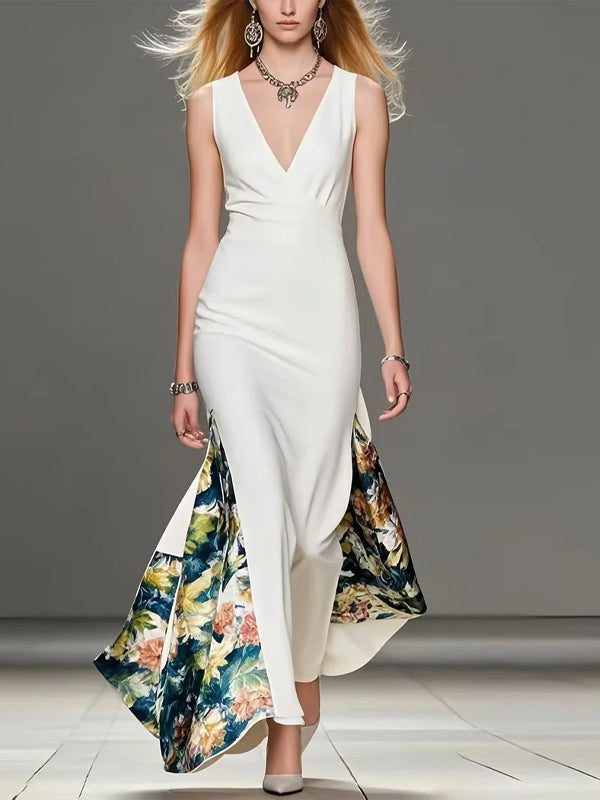 White V-neck Sleeveless Print Maxi Dress