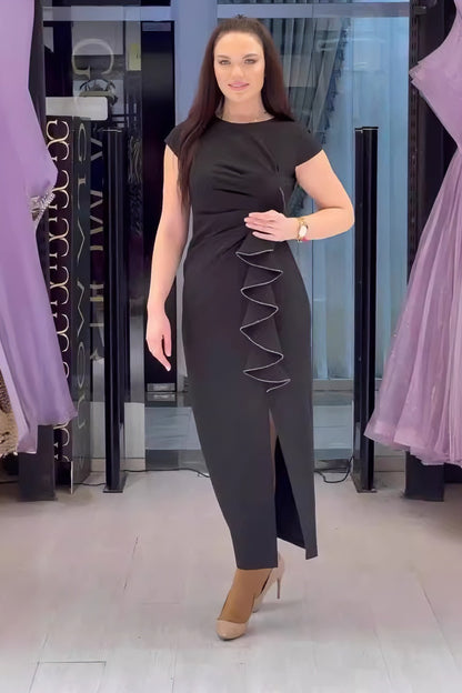 loveedsTM-Solid color short sleeve slit slim dress