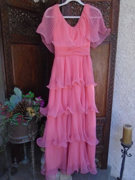 Pink Layered Chiffon A Line V Neck Simple Long Party Dress Evening Dress 18 Birthday Dress SH3624