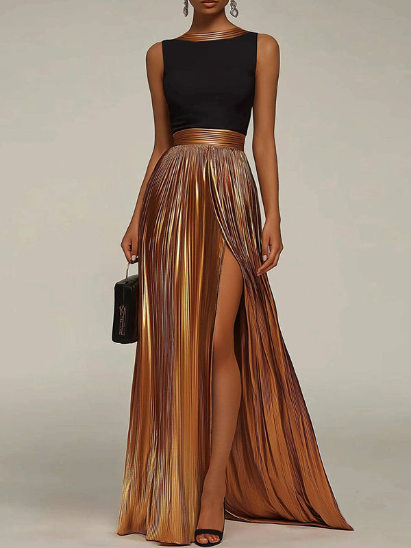 Evening Formal Dress Black-Gold Colorblock Round Neck Pleated Maxi Dress