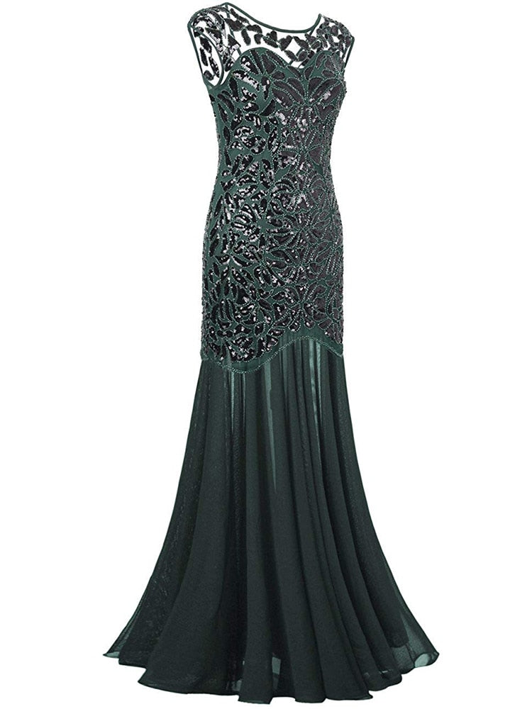 loveedsTM-Vestidos Vintage Mujer Sequins Beading Long Evening Dresses Formal Round Neck Lace Long Sexy Women Party Special Occasion