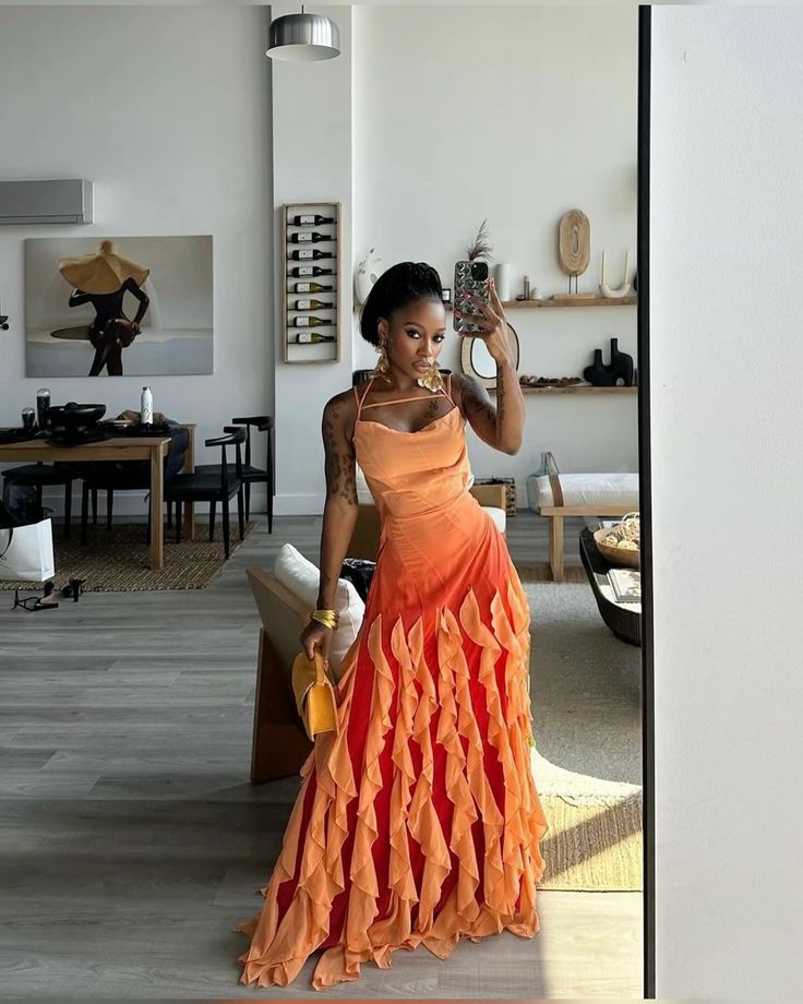 Pink/Orange/Green Gradient Spaghetti Straps Fashion Elegant Long Ruffle Chiffon Ball Gown Evening Dress Party Dress gh3252