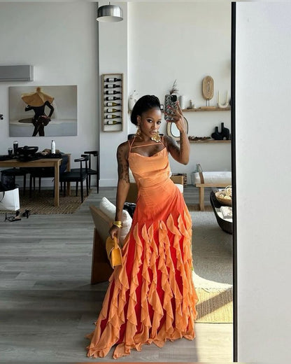 Pink/Orange/Green Gradient Spaghetti Straps Fashion Elegant Long Ruffle Chiffon Ball Gown Evening Dress Party Dress gh3252