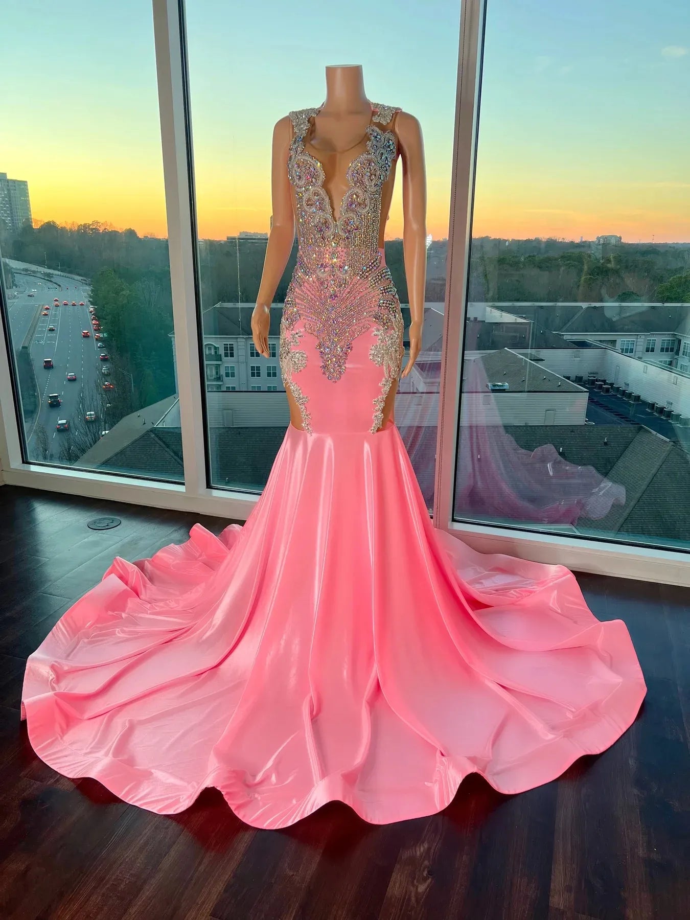 Pink gorgeous exquisite beaded elegant stunning mermaid long satin floor length train prom dress evening gown party dress gh2427