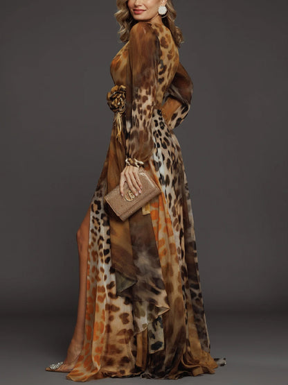 Round Neck Chiffon Print Maxi Dress