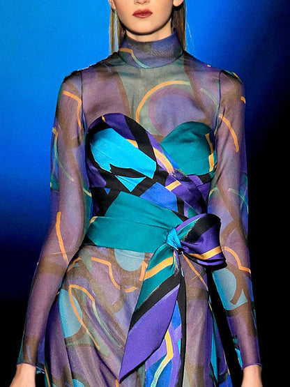 See-through Mesh Print Catwalk Women's Dress