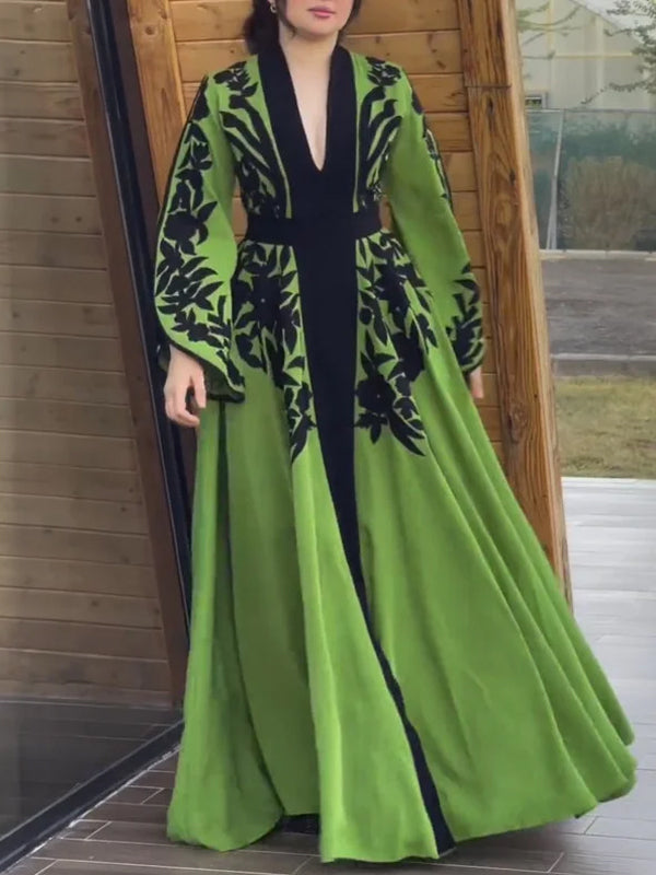 V-neck Printed Solid Color Maxi Dress