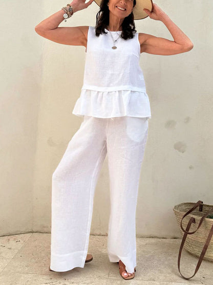 Cotton Linen Sleeveless Ruffled Ladies Sets