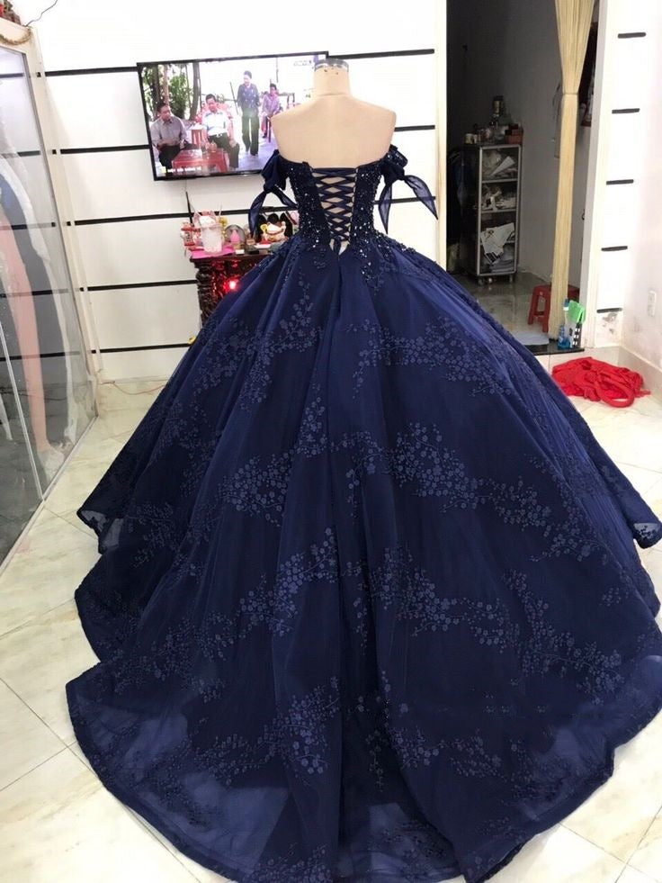 Blue shiny elegant floral A-line long tulle ball gown evening dress gh3342