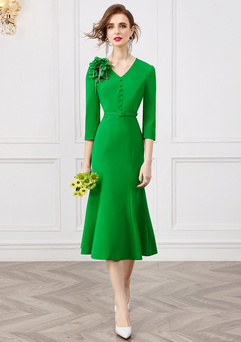 loveedsTM-Spring Fashion 3D Floral Beading Mermaid Party Dresses for Women 2024 Designer Elegant V Neck Midi Evening Vestidos Ladies