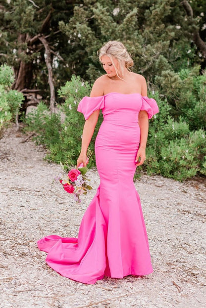 Elegant Mermaid Off-the-shoulder Hot Pink Satin Prom Dresses SH1748