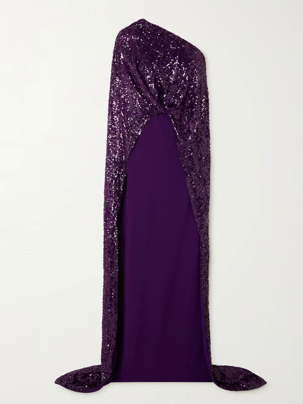 Cape-effect Sequined Georgette and Stretch-crepe Gown