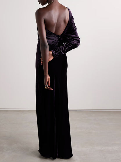 Off-shoulder Velvet Solid Color Maxi Dress