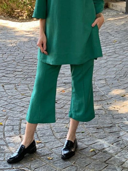 V-neck Cotton Linen Ladies Suit