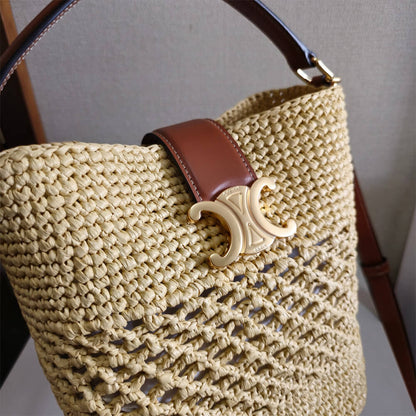 CELINE SMALL LOUISE BUCKET IN RAFFIA AND CALFSKIN