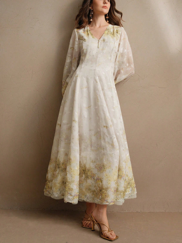 Women's V Neck Elegant Floral Print Long Sleeve Dress