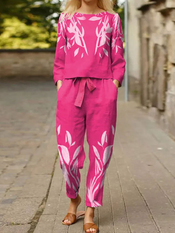 Relaxed Rose Print Loose Crew Neck Two-Piece Sets