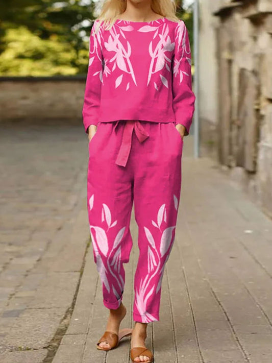 Relaxed Rose Print Loose Crew Neck Two-Piece Sets