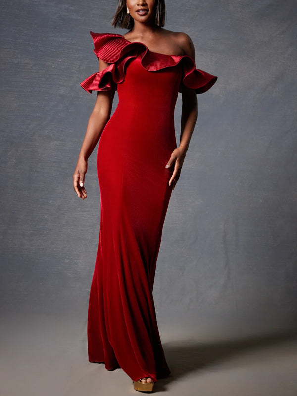 Off-shoulder Solid Color Maxi Dress