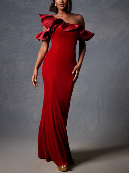 Off-shoulder Solid Color Maxi Dress