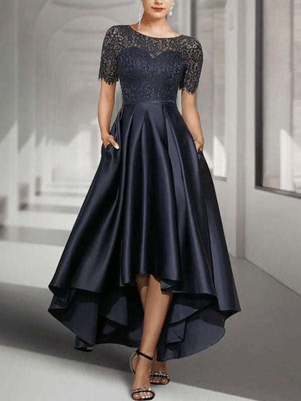 A-Line Scoop Neck Asymmetrical Satin Lace Mother of the Bride Dress With Pockets