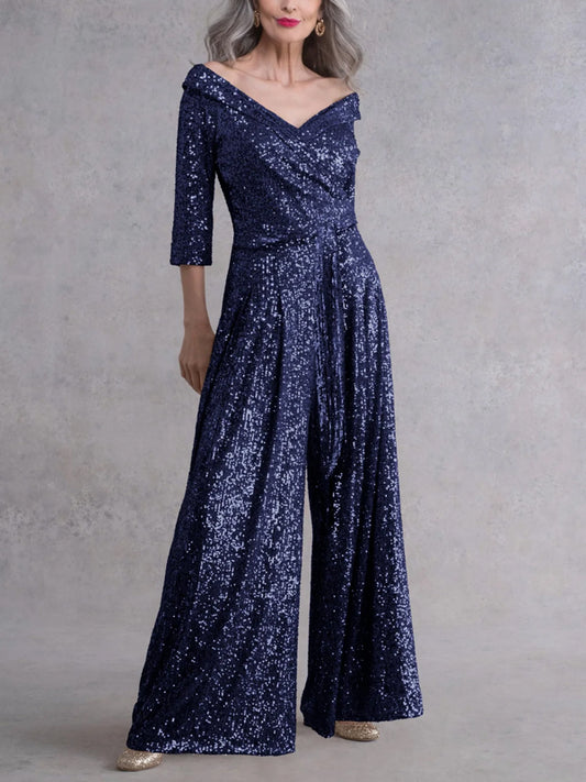 V-Neck Solid Sequined Long-Sleeved Jumpsuit